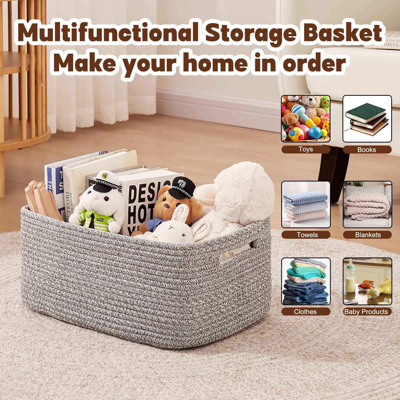 OIAHOMY storage basket grey handles detail emphasizes portability and easy carrying