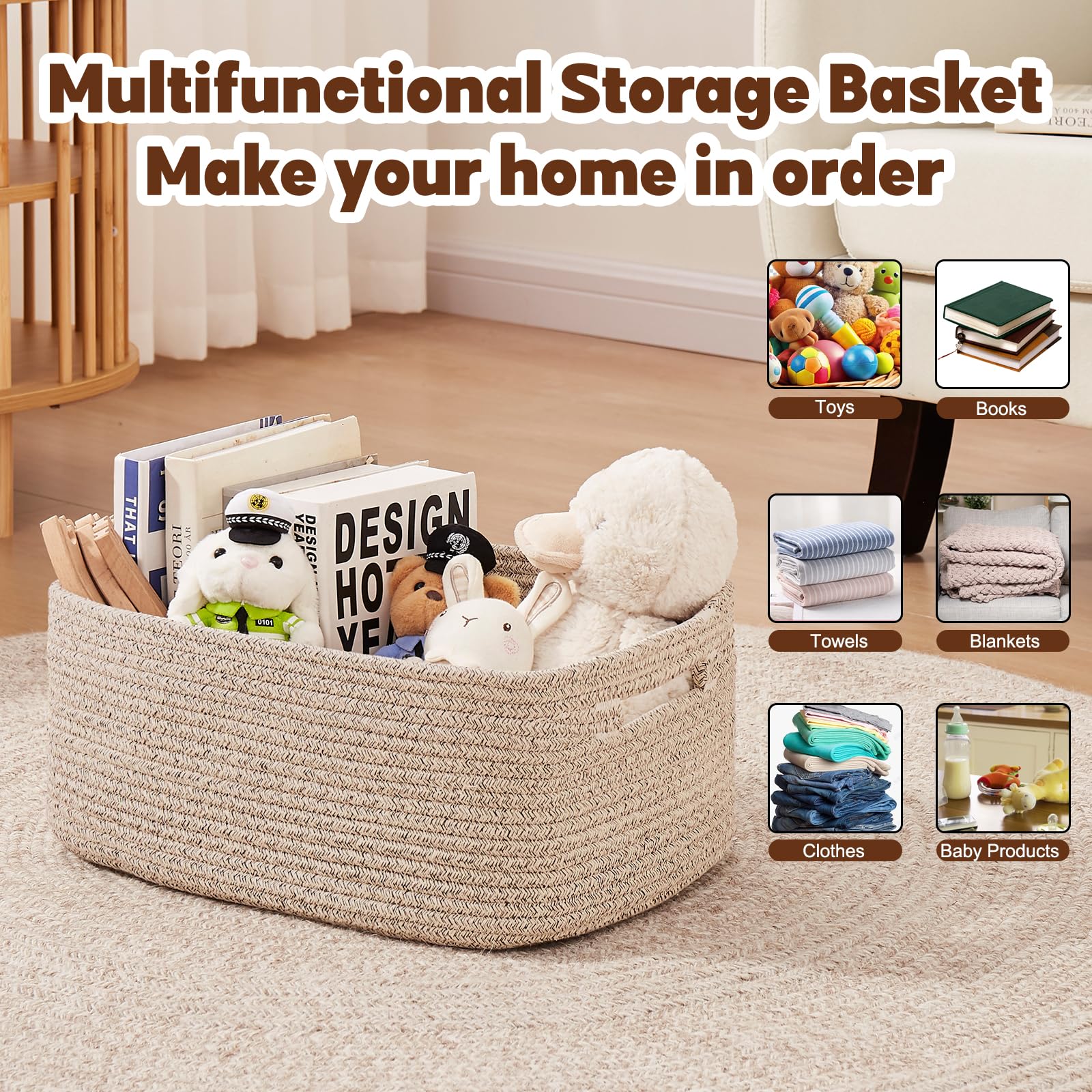 OIAHOMY storage basket handles in use for easy transport across rooms.