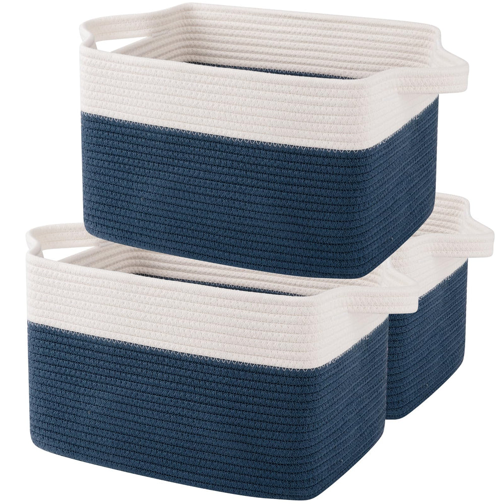 OIAHOMY storage baskets blue and white with foldable handles for easy transport.