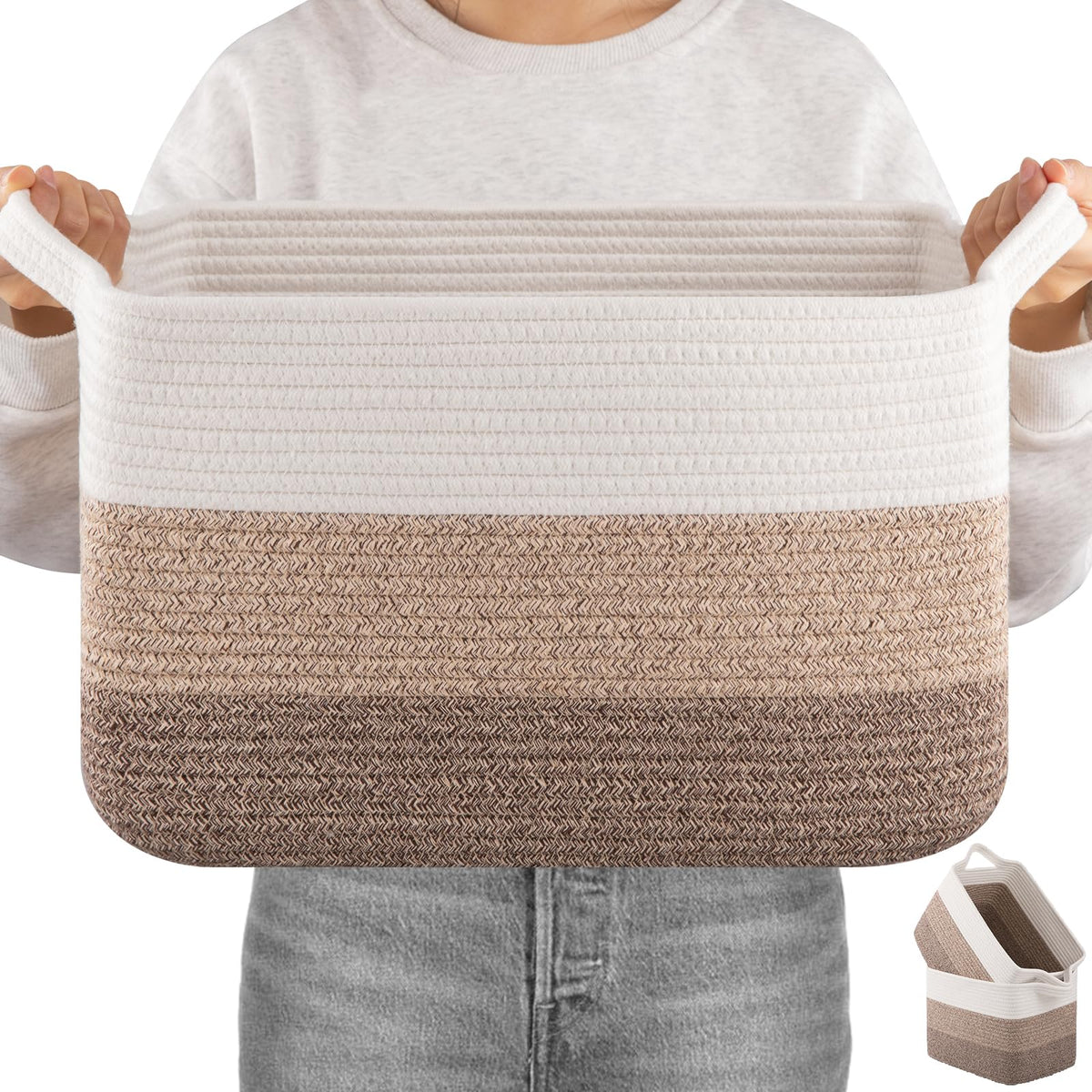 OIAHOMY woven storage basket with foldable handles for easy portability and organization