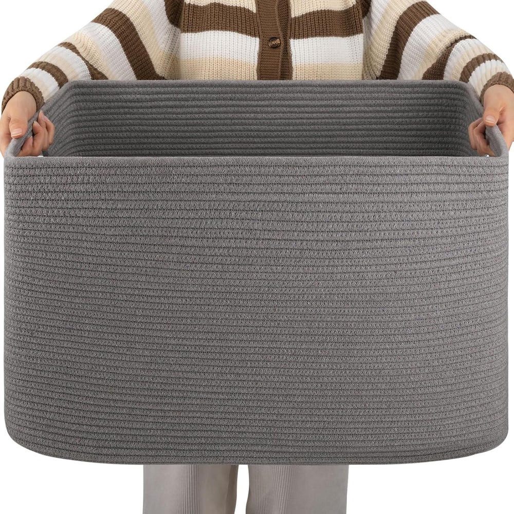 OIAHOMY blanket basket front view shows sturdy cotton weave for tidy storage.