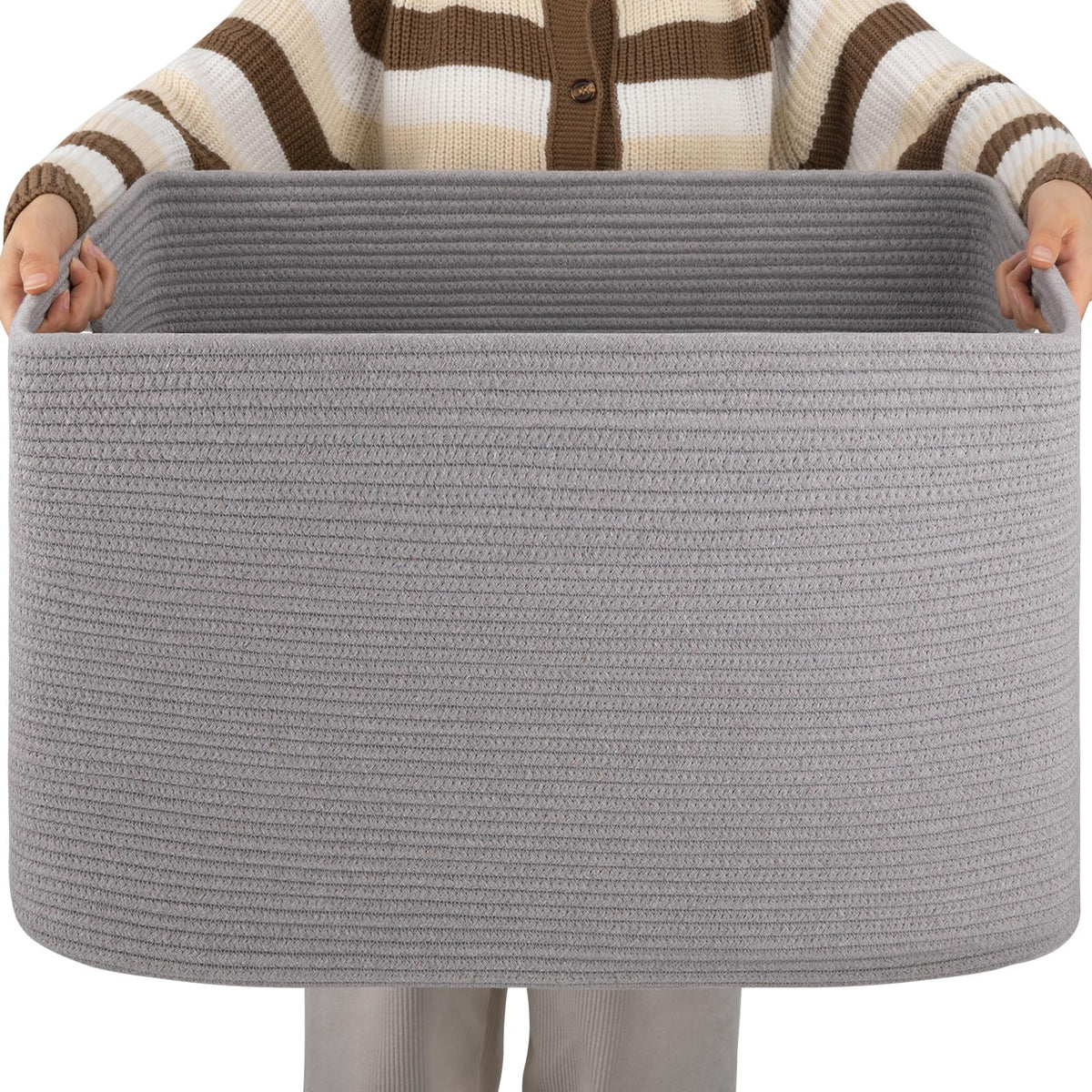 OIAHOMY XXLarge grey blanket basket holding throws neatly in a living space