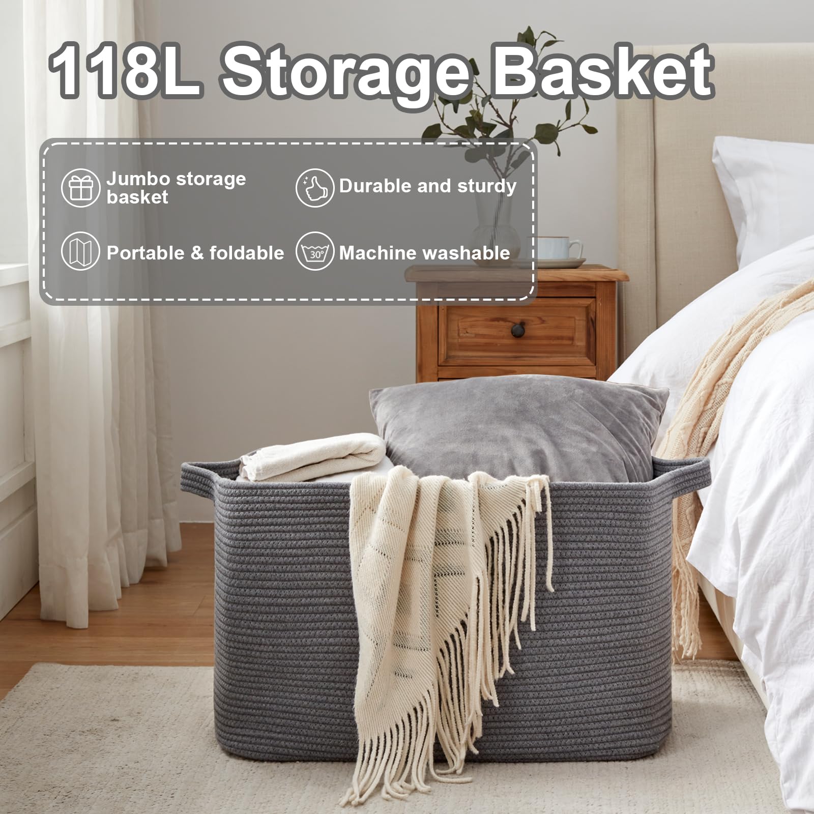 OIASKET 118L basket in a living room setup shows neutral grey blend.