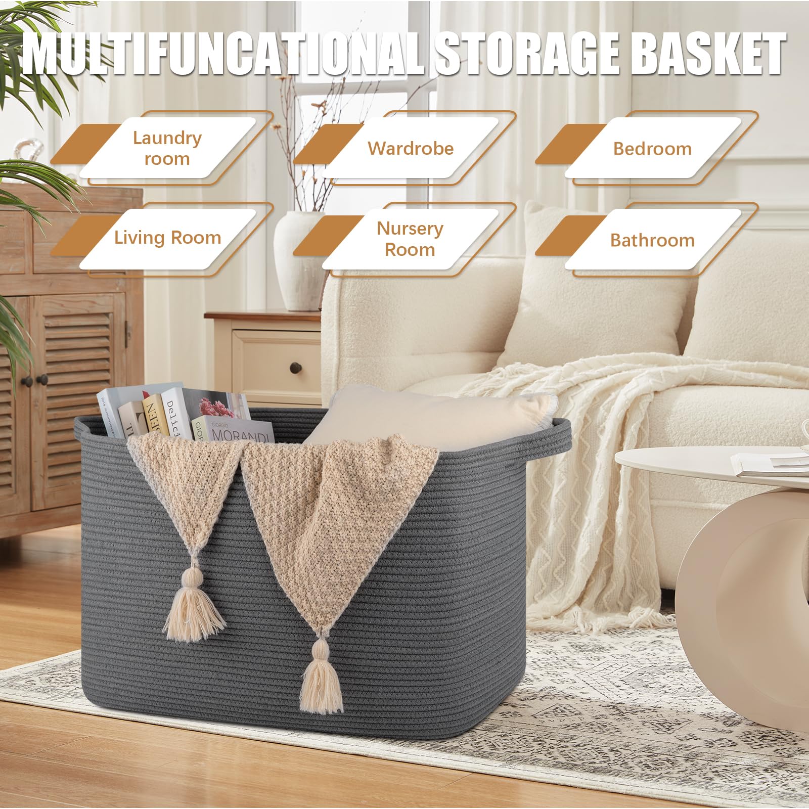 OIASKET 118L blanket basket open top with blankets inside