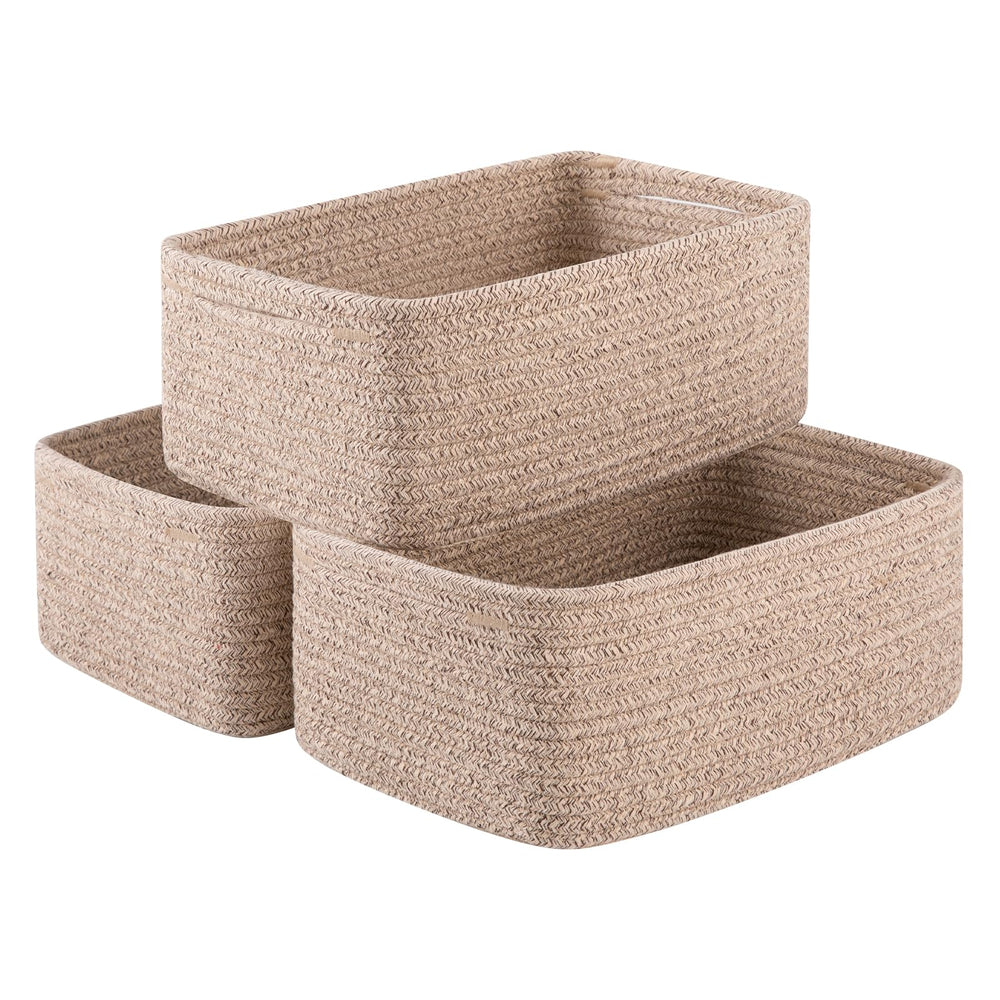 OIASKET 3-pack small baskets, front view in brown, ideal for tidy shelves and quick-access essentials.