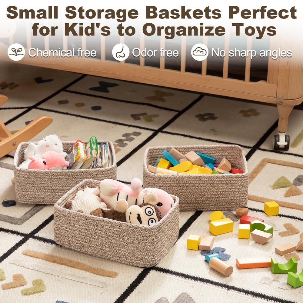 OIASKET on-shelf display showing three baskets neatly organized in a living space.
