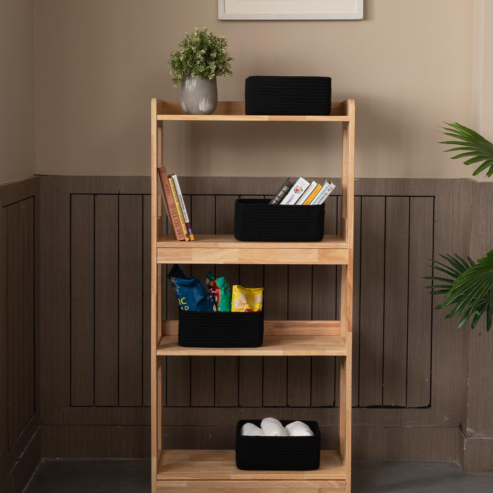 OIASKET black storage baskets on shelf for towels and linens