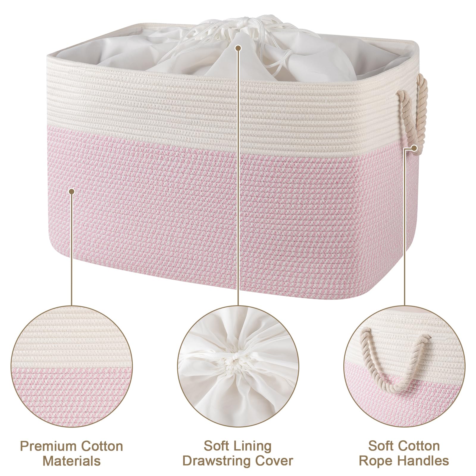 OIASKET 95L blanket storage in pink-and-white for cozy living room organization.