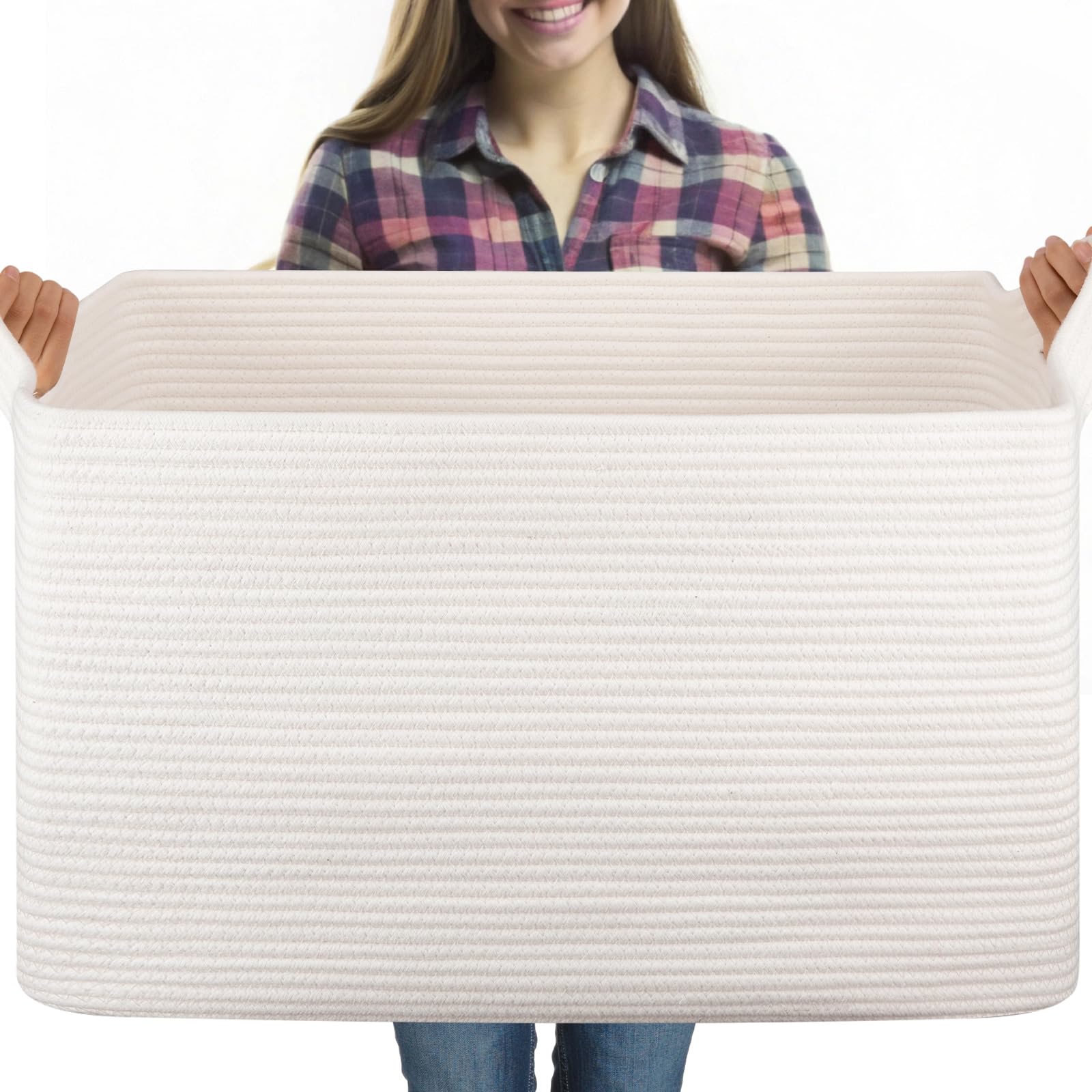 OIASKET 95L blanket basket stores blankets for organized living room storage.
