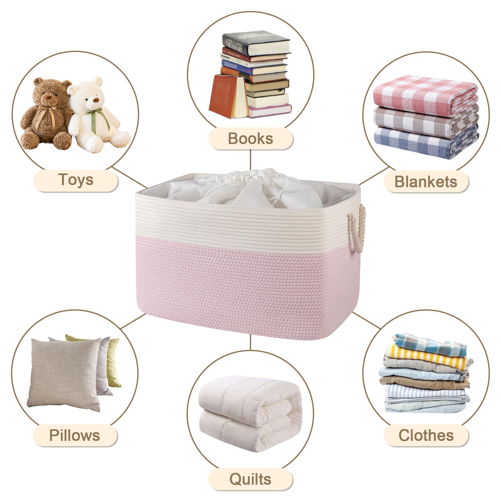 OIASKET 95L basket in a bright pink and white finish enhances nursery decor.