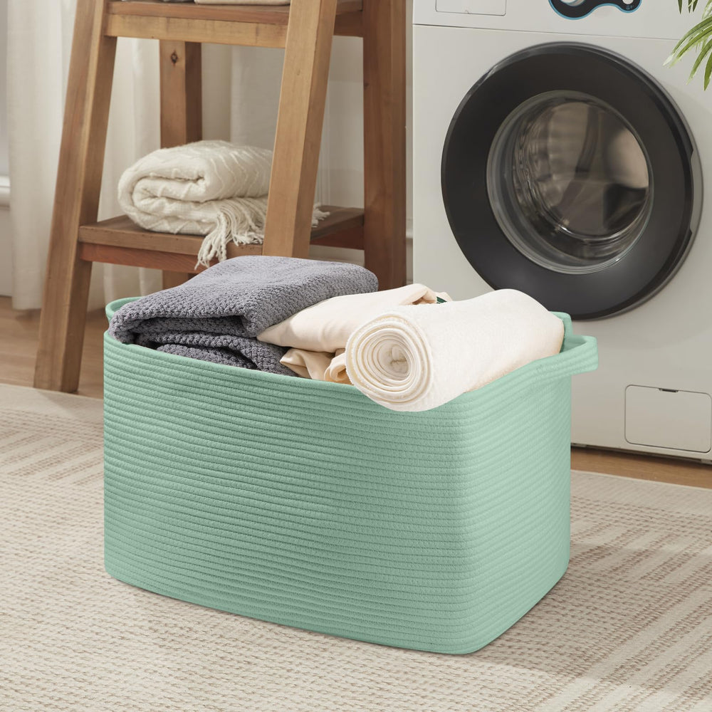 OIASKET 95L blanket basket in living room reveals natural cotton rope texture.