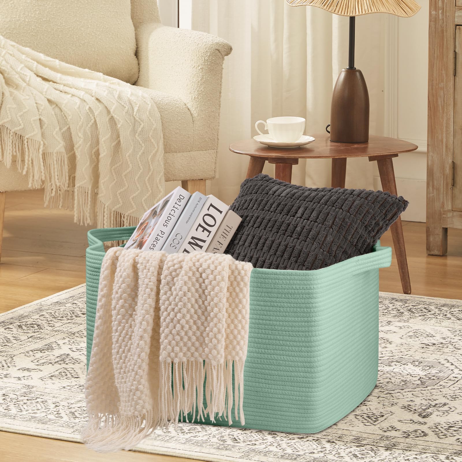 OIASKET 95L blanket basket with nursery toys demonstrates versatile storage.