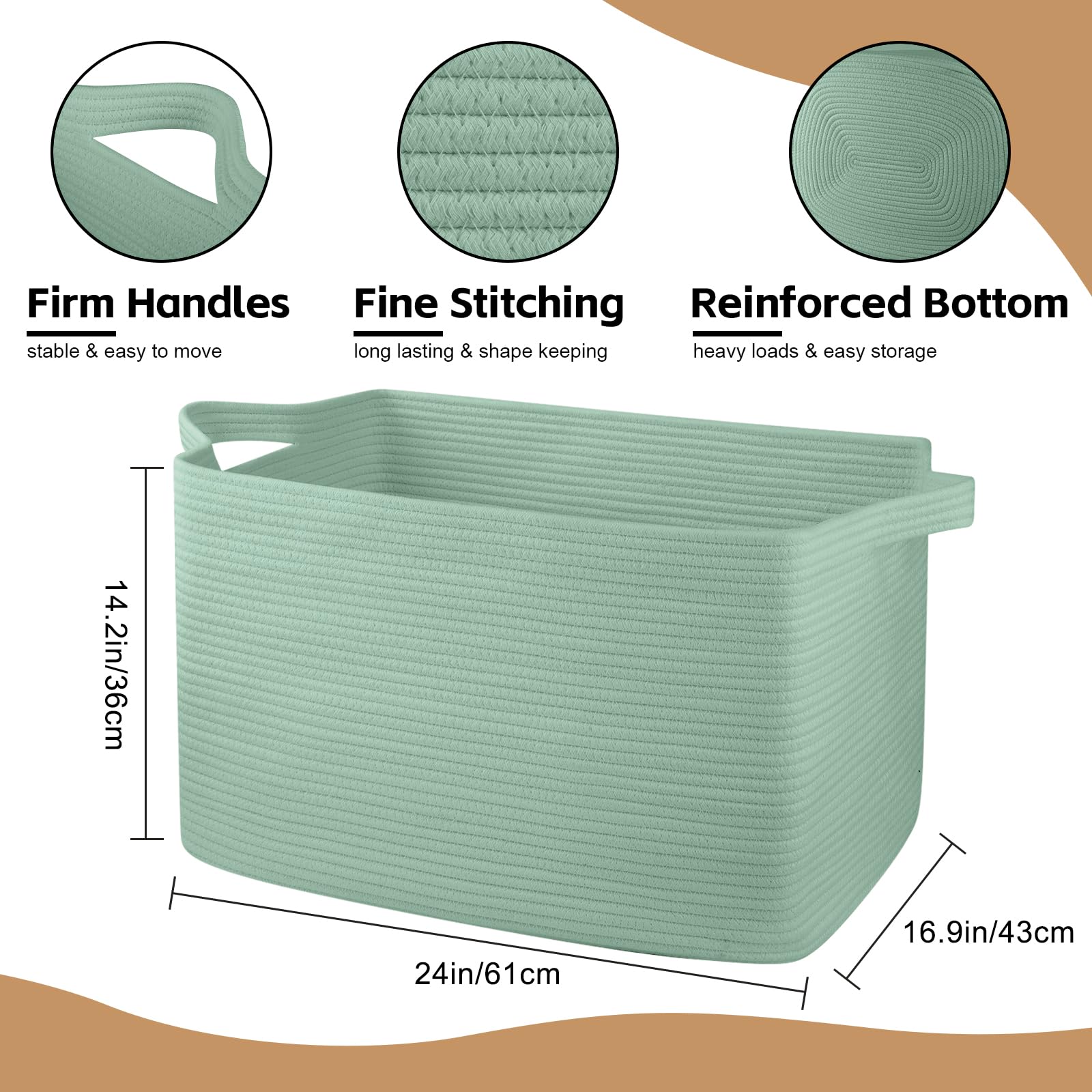 OIASKET 95L blanket basket side view highlighting sturdy, soft handles for easy carrying.