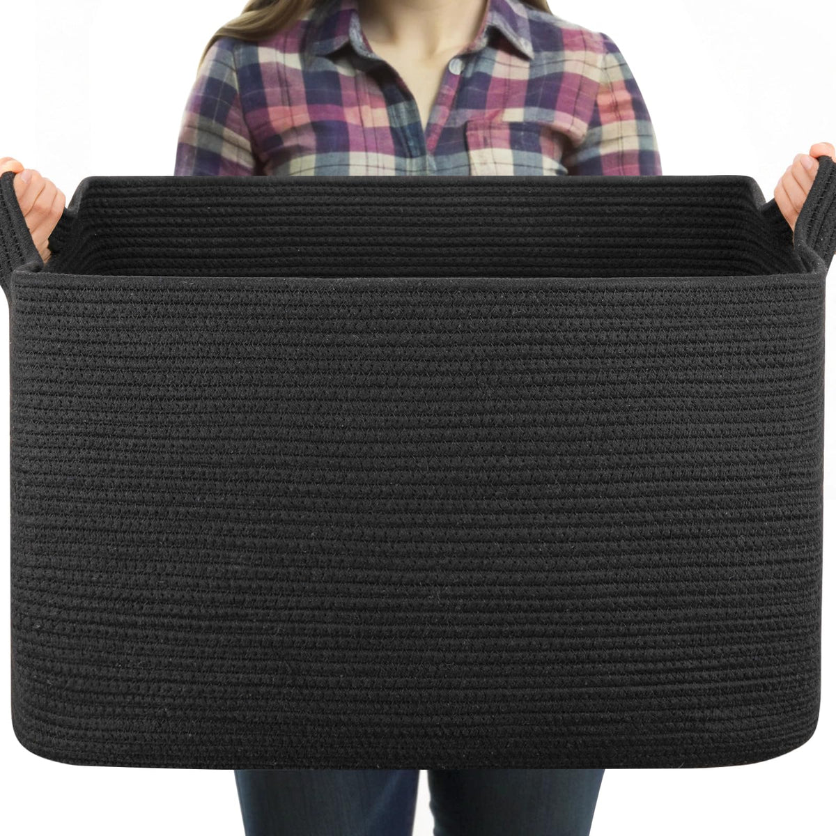 OIASKET 95L blanket basket black front view with ample storage for blankets and toys