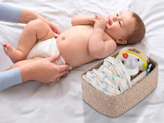OIASKET baby nursery storage baskets stored on a shelf with toys and essentials.