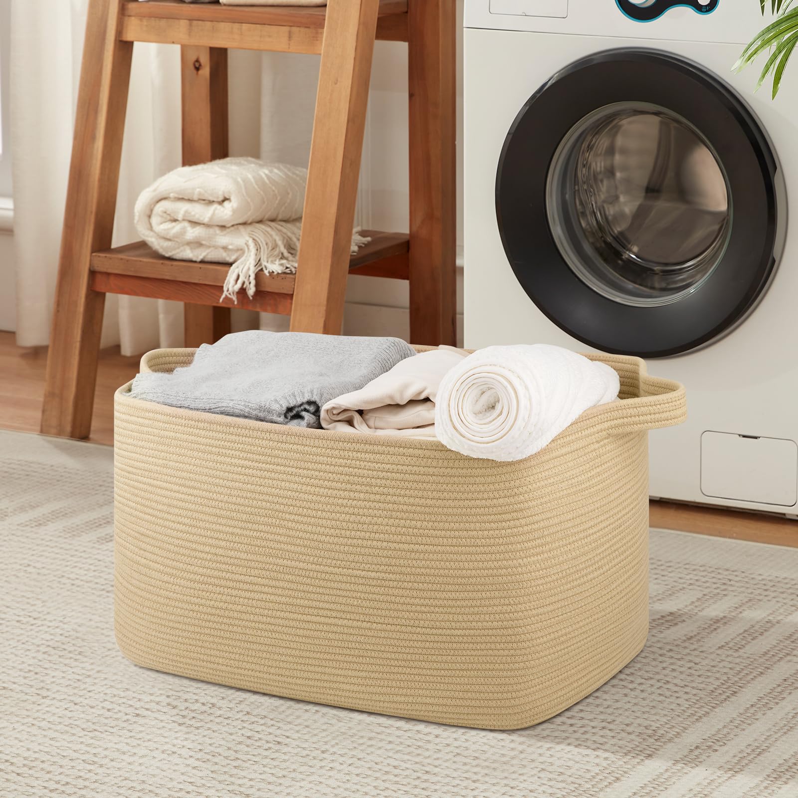 OIASKET basket on shelf blends with neutral decor and tidy organization.