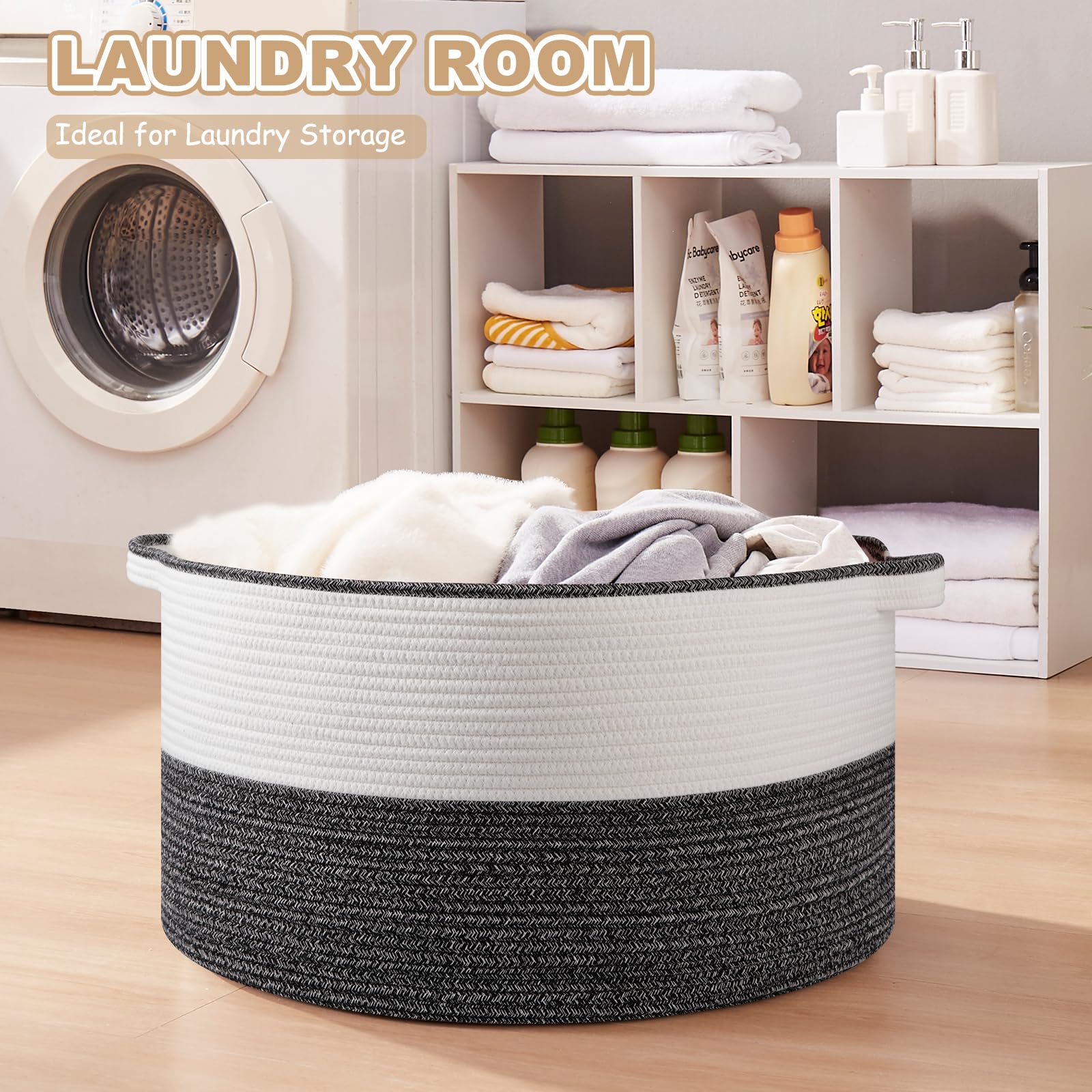 OIASKET living room setup shows neutral black-and-white basket blending decor