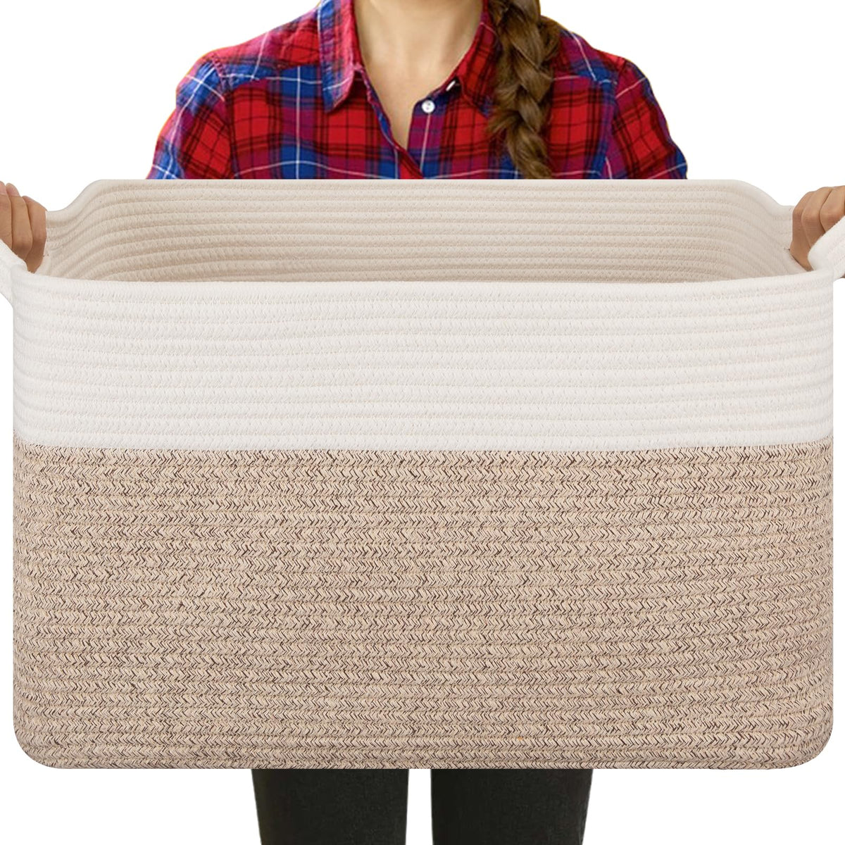 OIASKET blanket basket in living room with soft cotton rope texture for tidy storage.