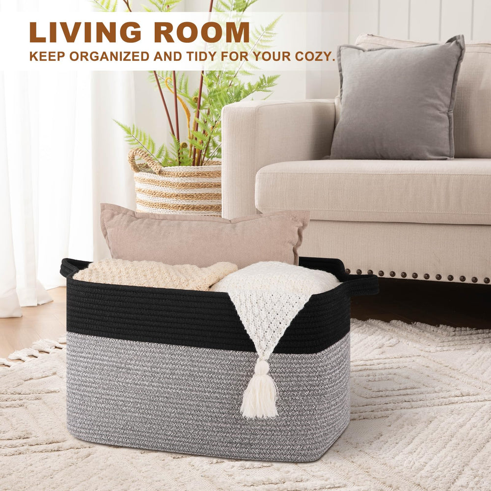OIASKET Blanket Basket in living room showcases versatile storage for cushions, towels, and more.