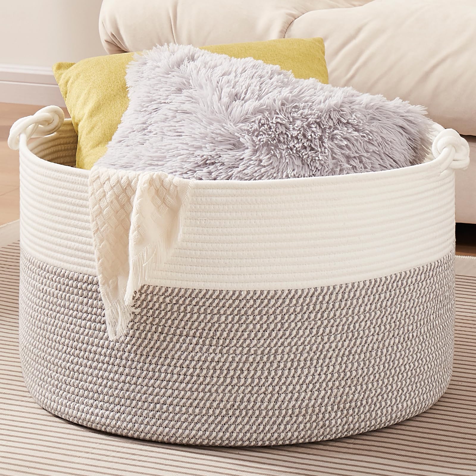 OIASKET blanket storage basket 22.8 inches keeps bulky items neatly organized.