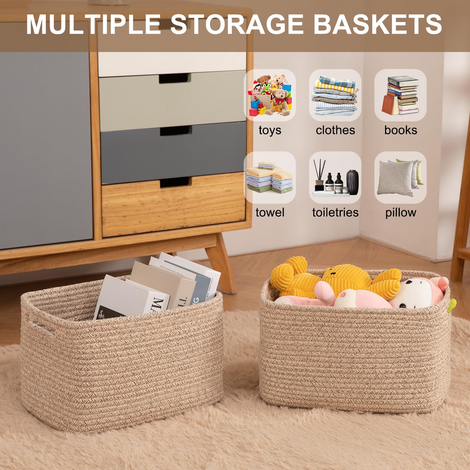 oiasket brown-cotton-rope-bin demonstrates decorative storage for living rooms and bedrooms.
