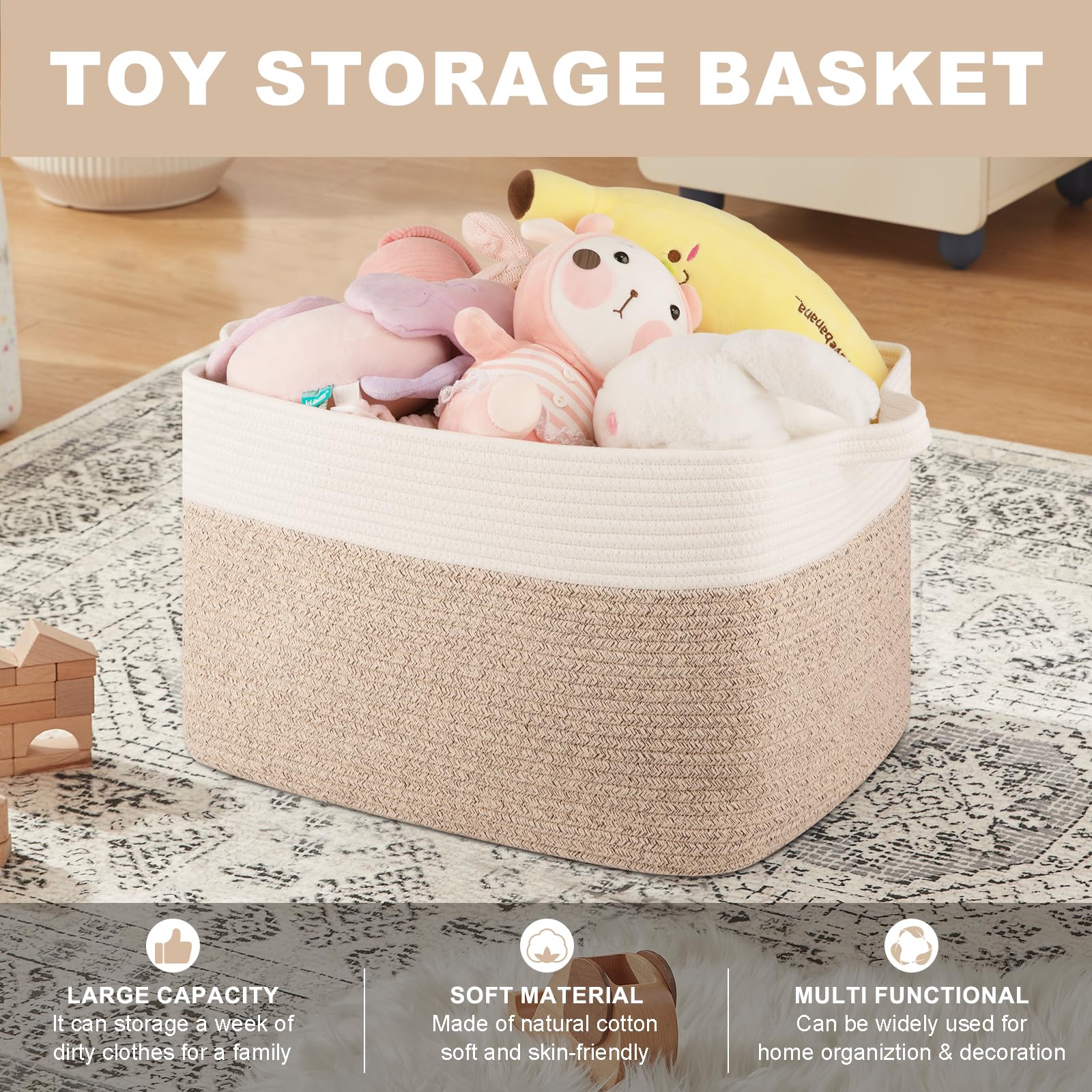 OIASKET brown and white basket adds neutral decor.
