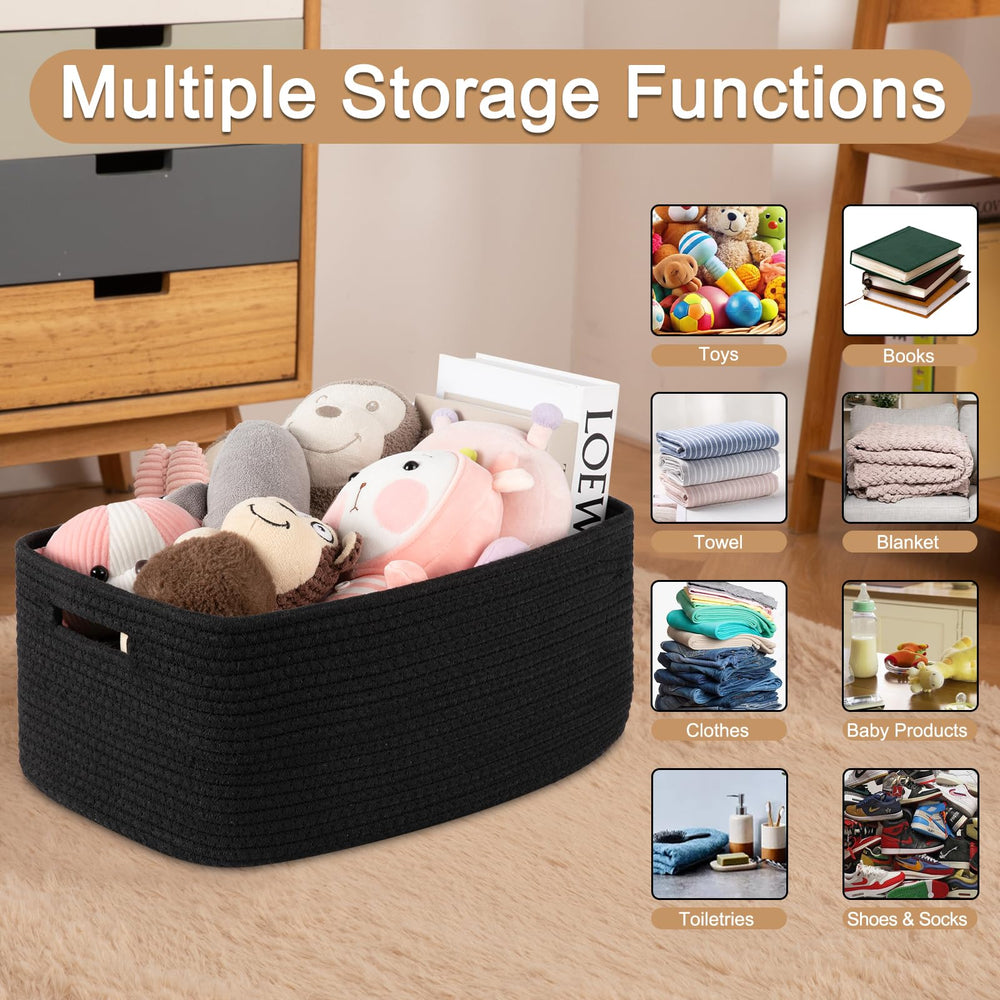 Oiasket closet organizer bin in black stores blankets, toys, and essentials.