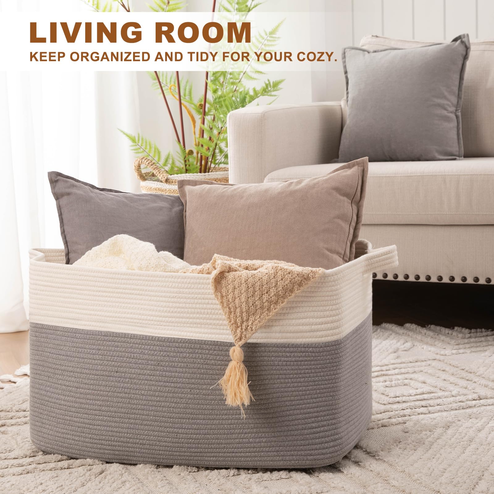 OIASKET cotton rope basket stores pillows and blankets in bedrooms
