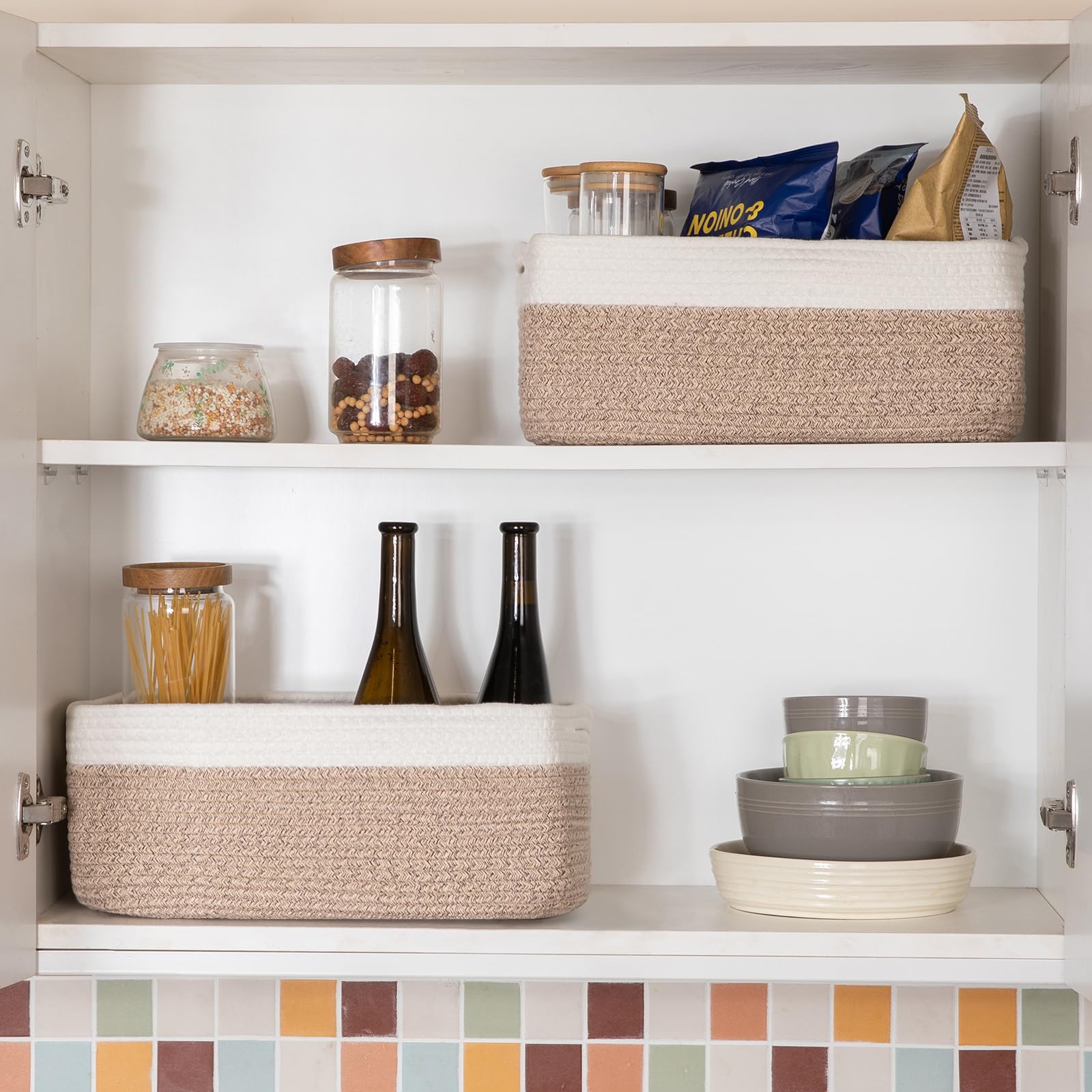 OIASKET foldable rope baskets with built-in handles for easy carrying.