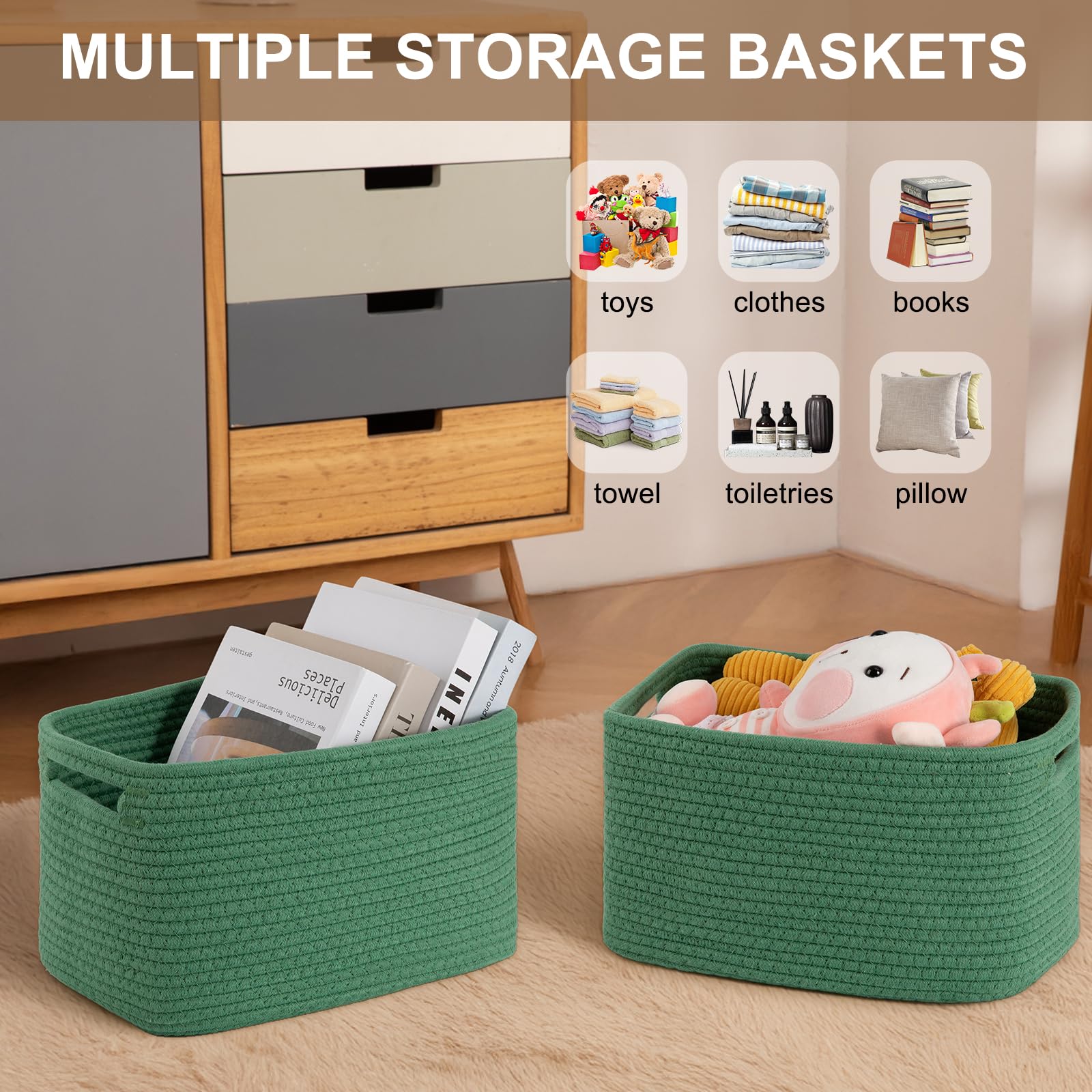 OIASKET baskets with sturdy handles simplify moving toys or laundry.