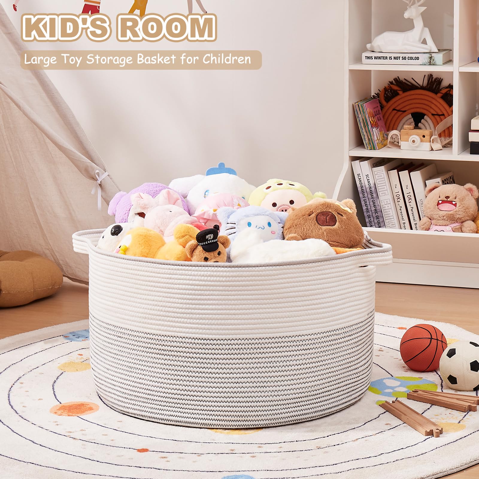 OIASKET large basket sits in a corner, safe for kids and pets.