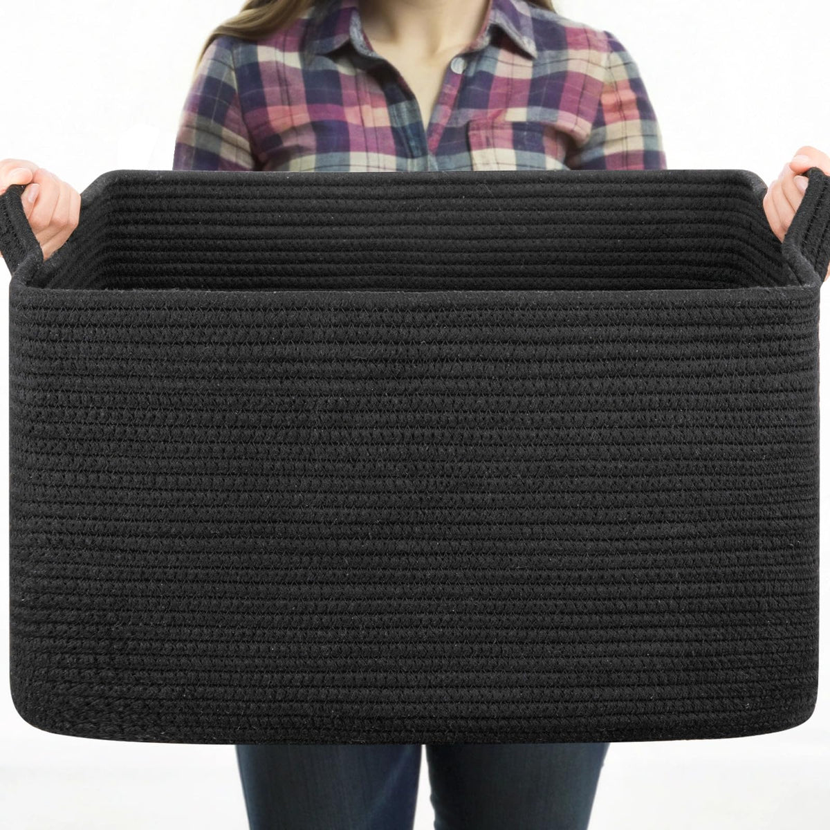 OIASKET Large Blanket Basket front view with sturdy handles for easy living-room organization.