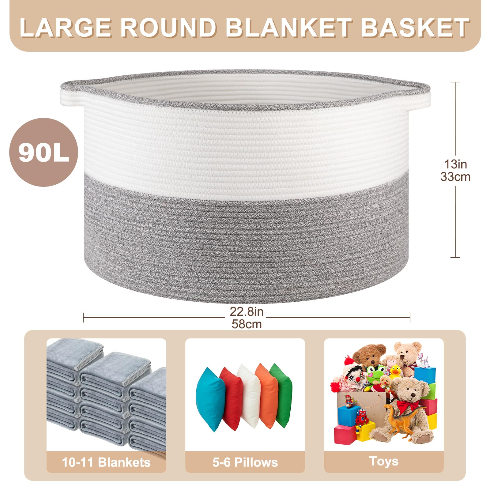 OIASKET large blanket basket side view showing easy-carry handles.