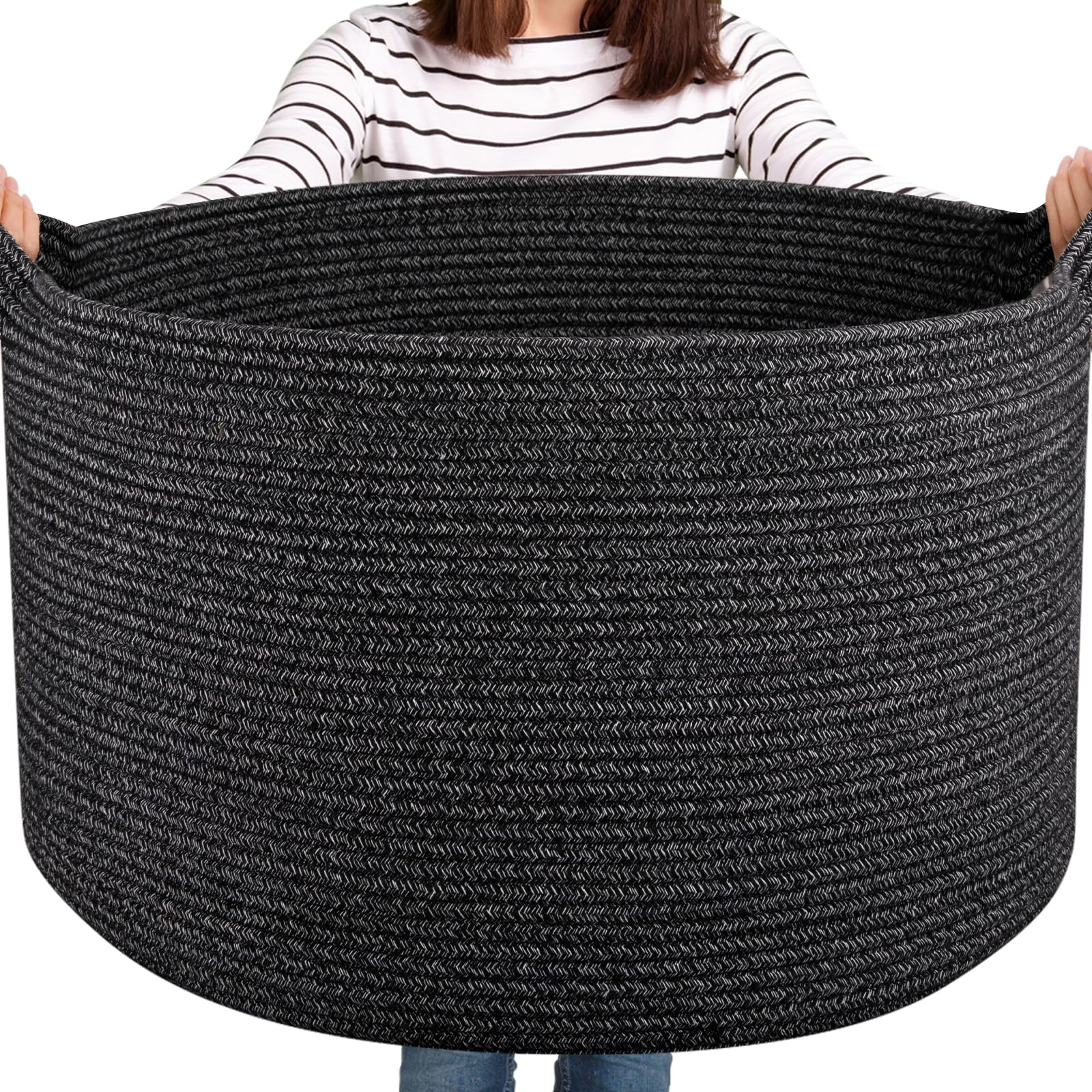 OIASKET large woven basket for blanket storage in black with easy organization.