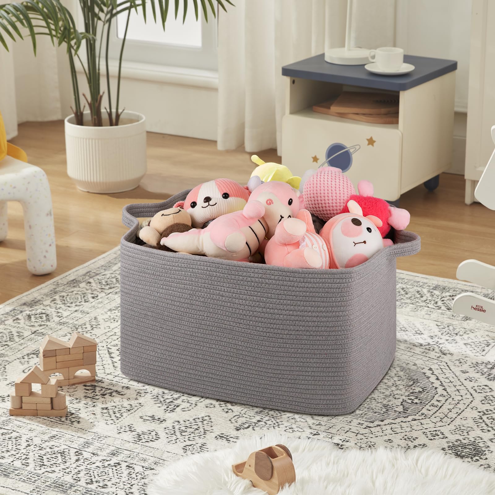 OIASKET light-grey basket living room setup adds calm decor while concealing everyday clutter.