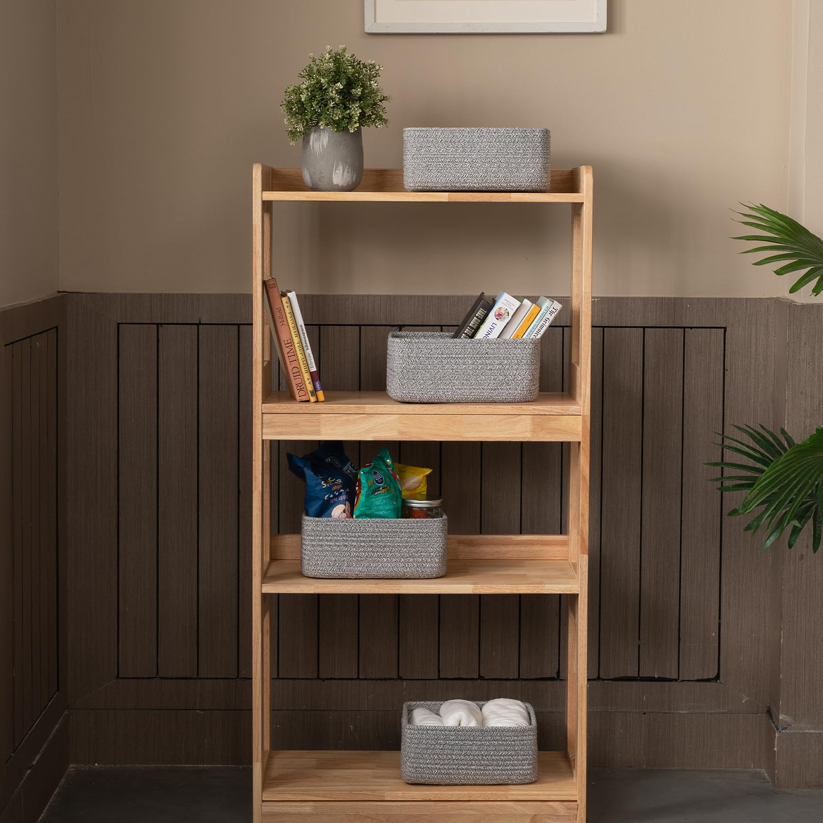 OIASKET mini woven rope storage bins in grey, ideal for toys or towels on shelves