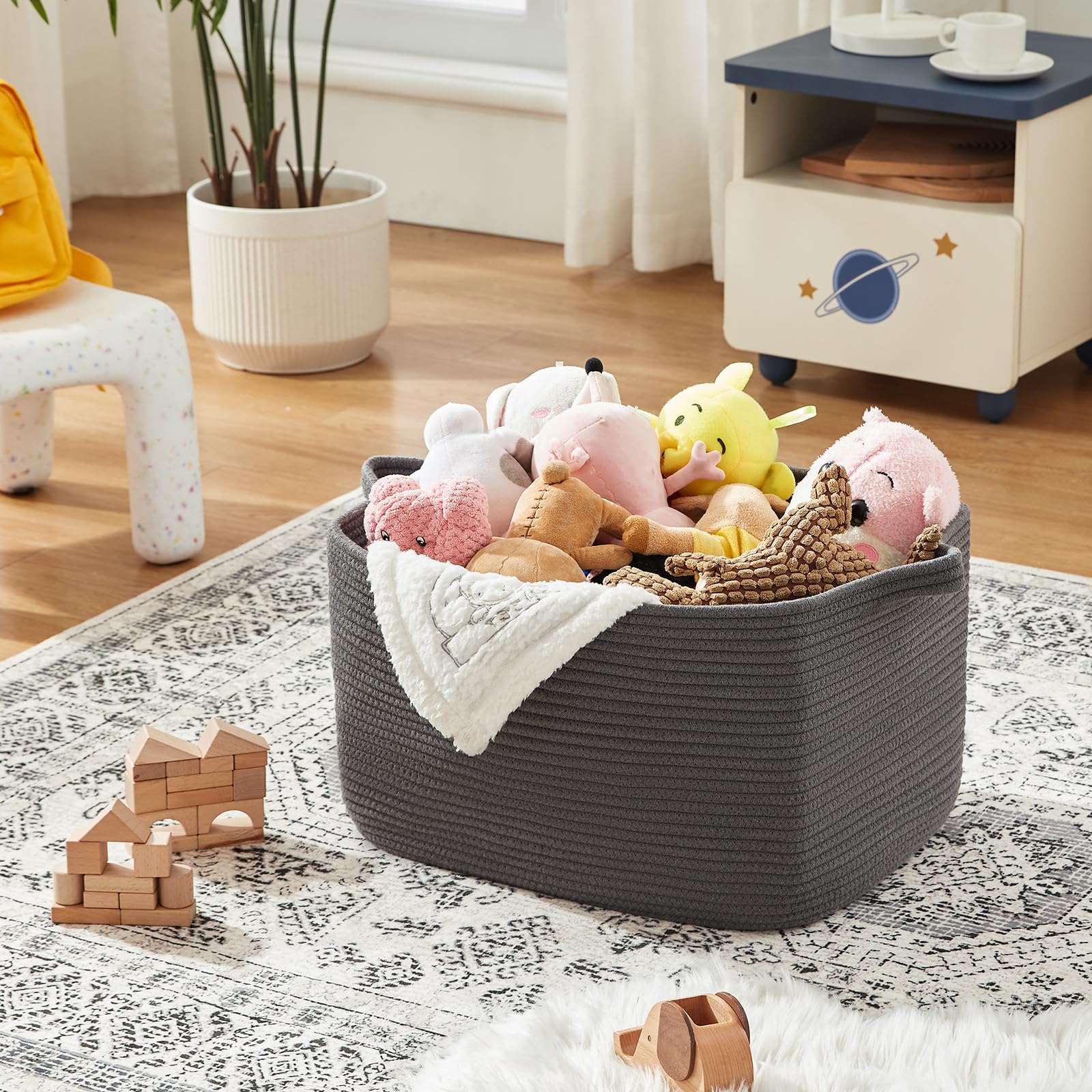 OIASKET multi-purpose basket organizes towels, clothes, or toys in any room.