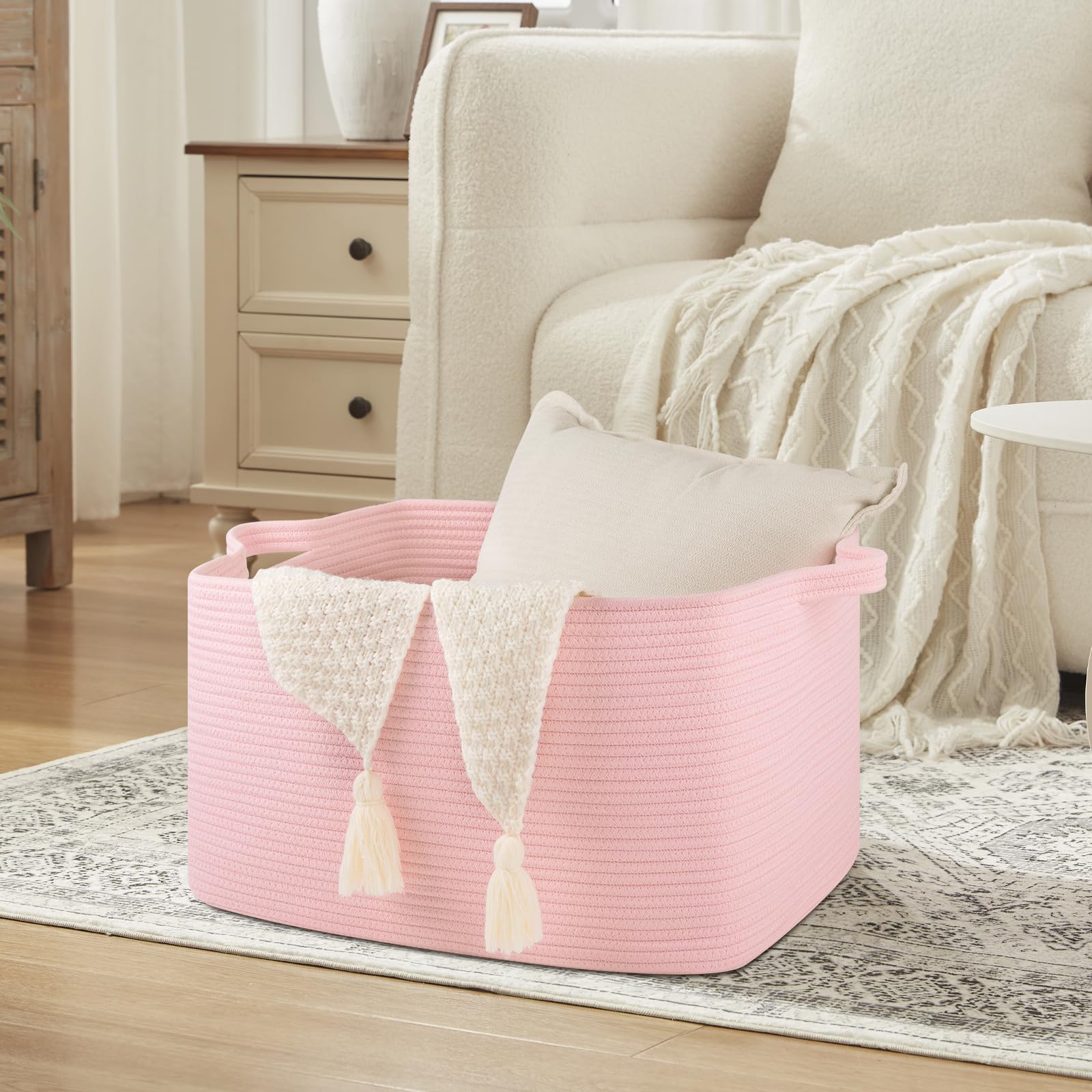 OIASKET natural cotton rope basket close-up highlights soft texture and child-friendly materials.