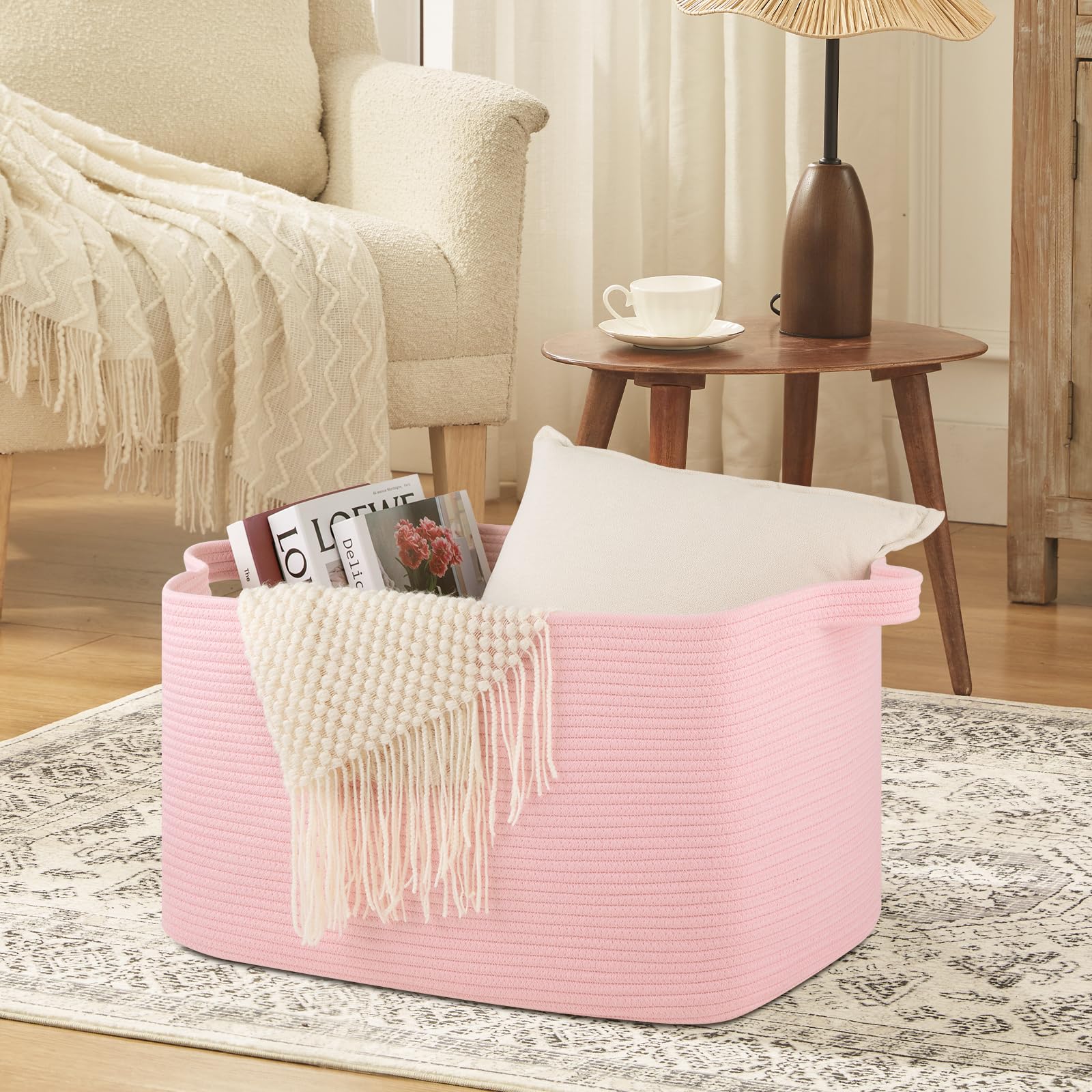 OIASKET natural cotton rope basket highlighting soft-touch material and safe use around children.