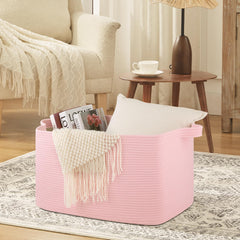 OIASKET natural cotton rope basket highlighting soft-touch material and safe use around children.