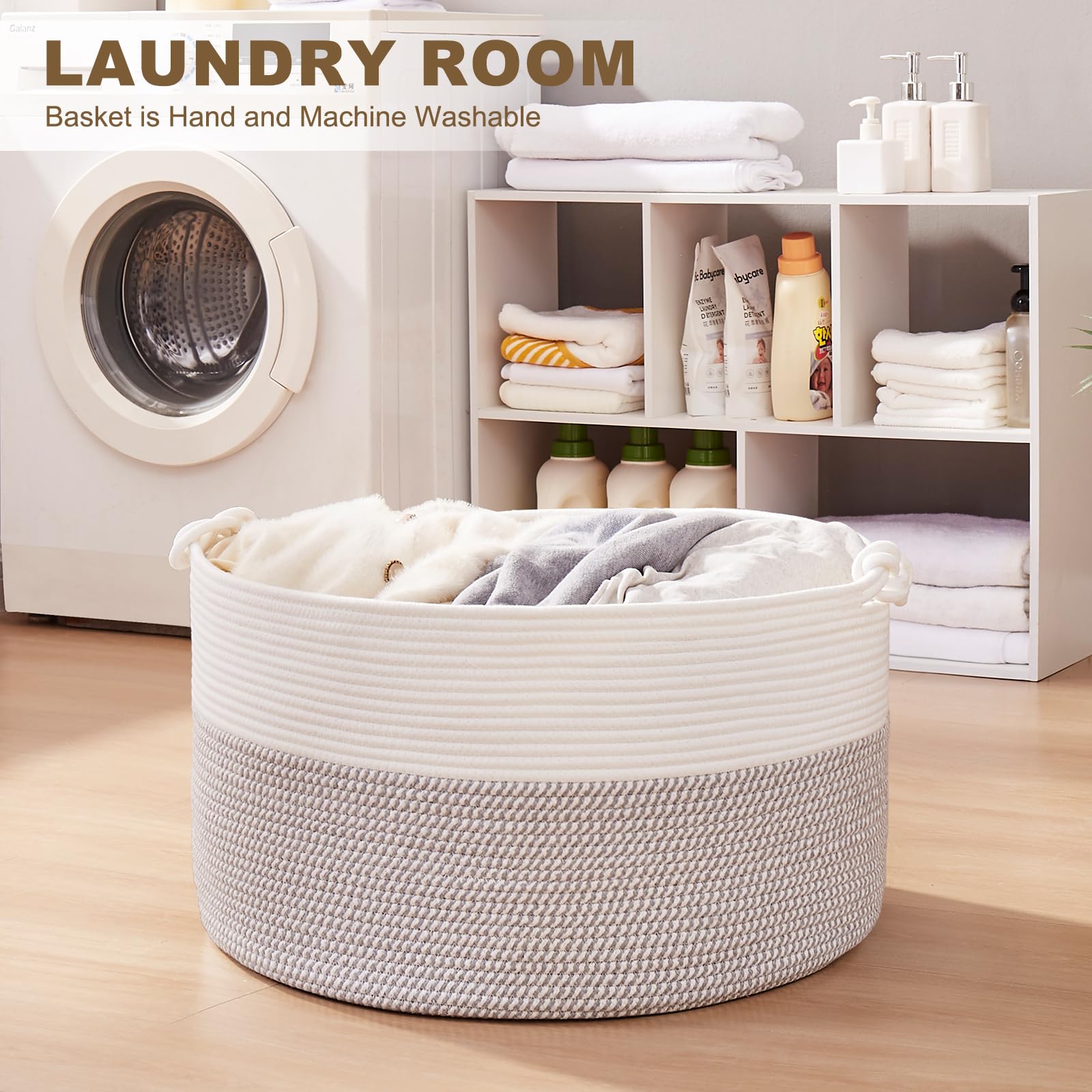OIASKET neutral gray and white basket blends with decor while organizing essentials.