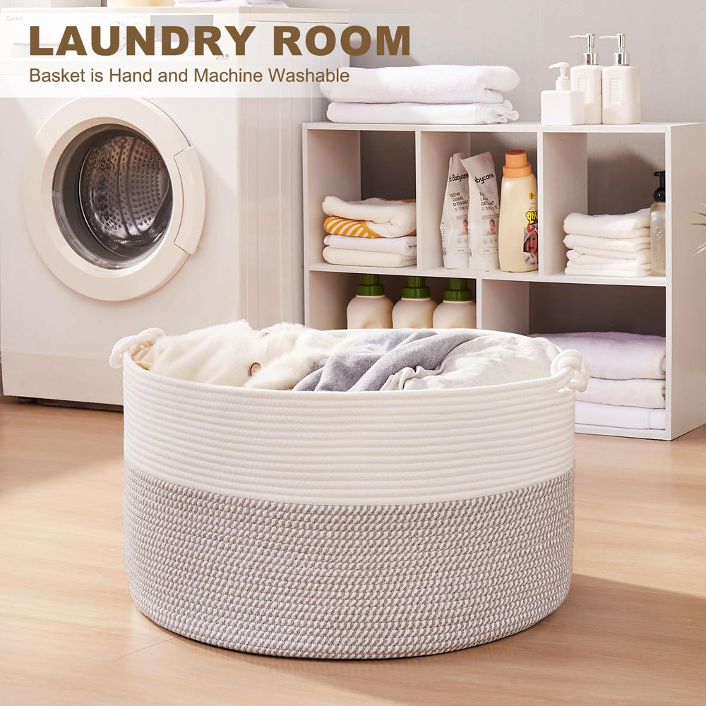 OIASKET neutral gray and white basket blends with decor while organizing essentials.