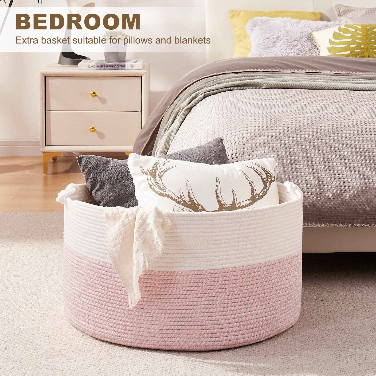 OIASKET neutral-toned woven basket blends with home decor.