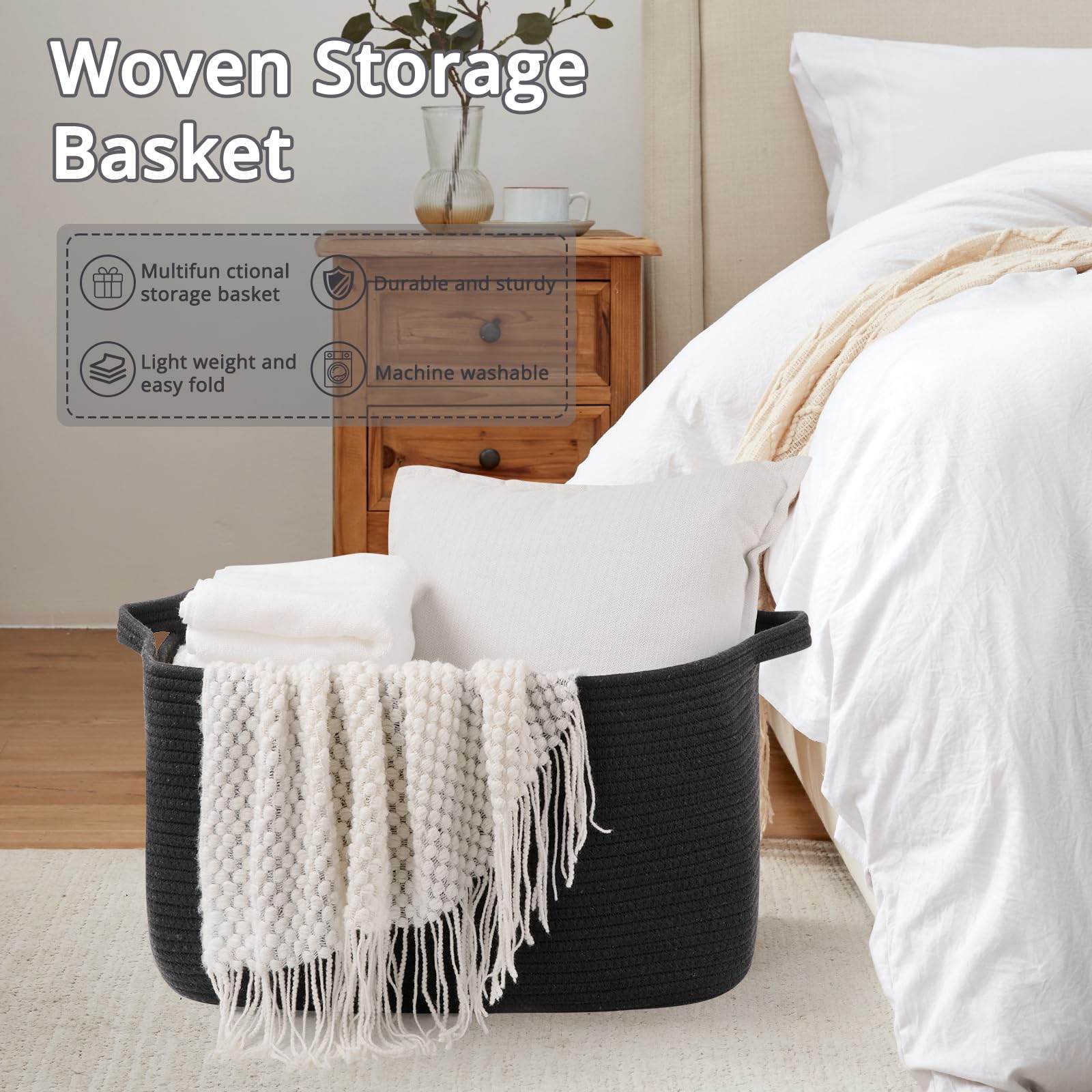 Oiasket soft cotton rope basket in black featuring skin-friendly material