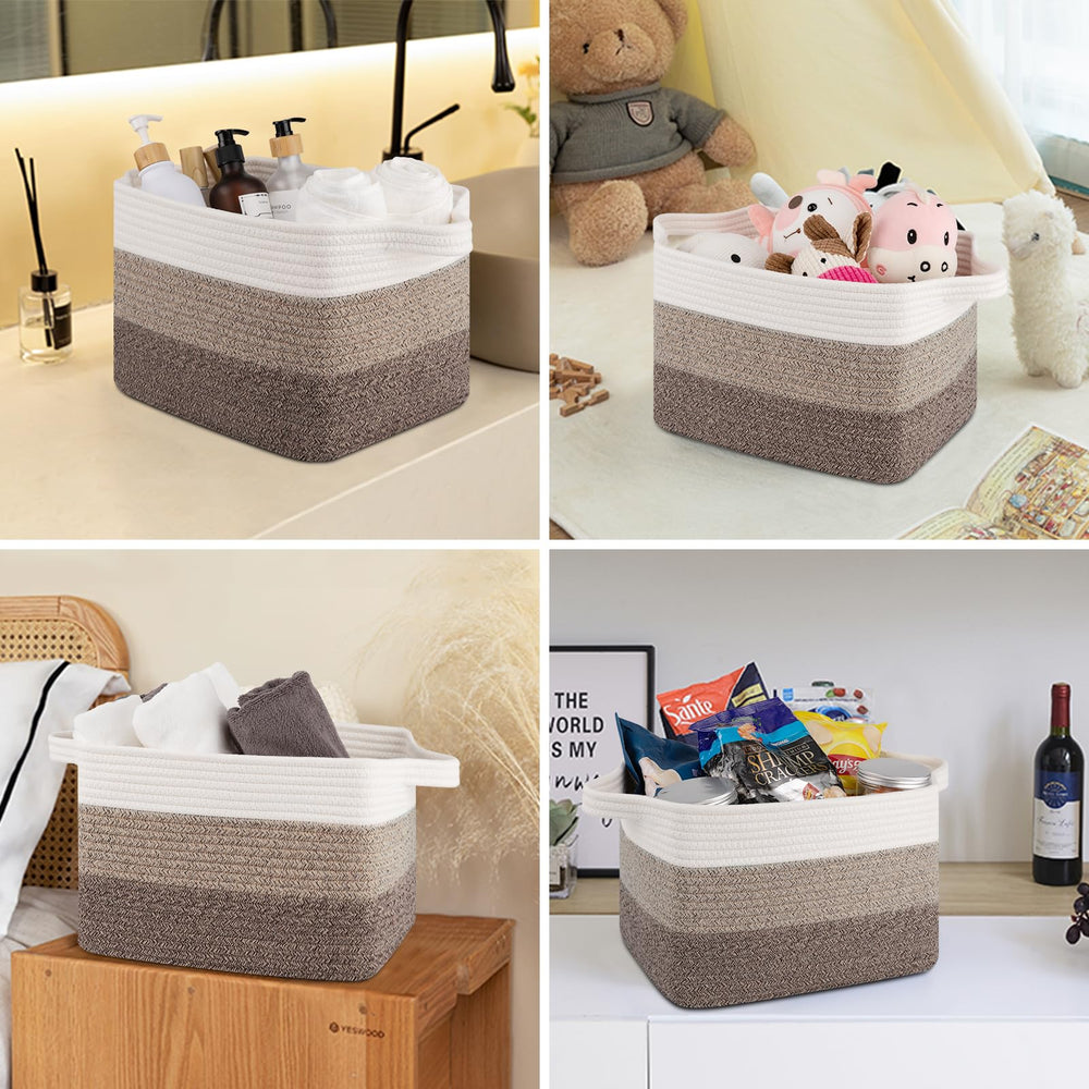 OIASKET storage baskets gradient dark brown on living room shelf for decor and storage.