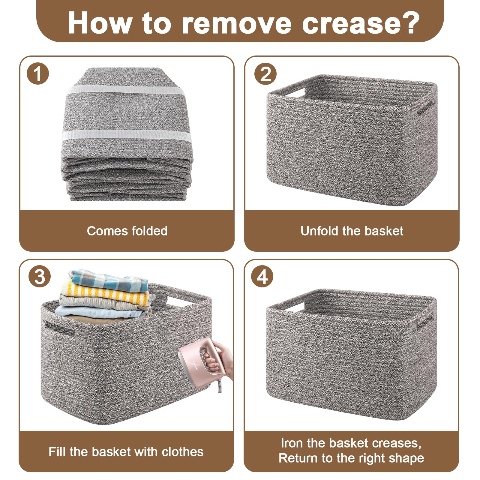 OIASKET storage baskets in grey on a shelf reduce clutter.