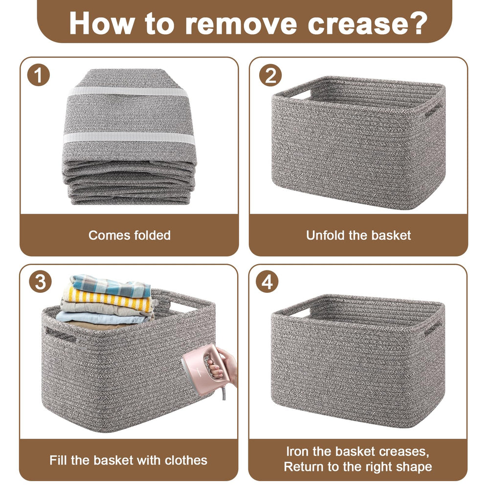 OIASKET storage baskets in grey on a shelf reduce clutter.