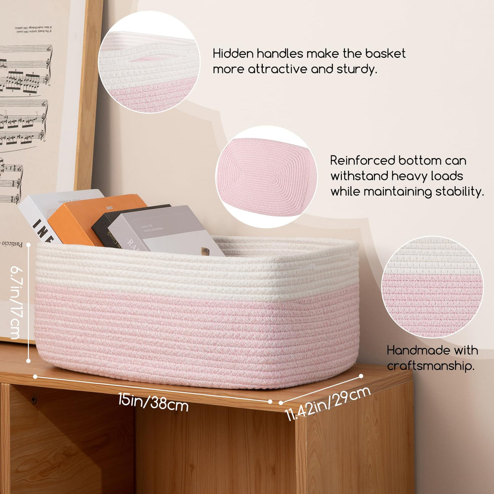 Close-up of OIASKET pink storage basket showing soft cotton rope weave