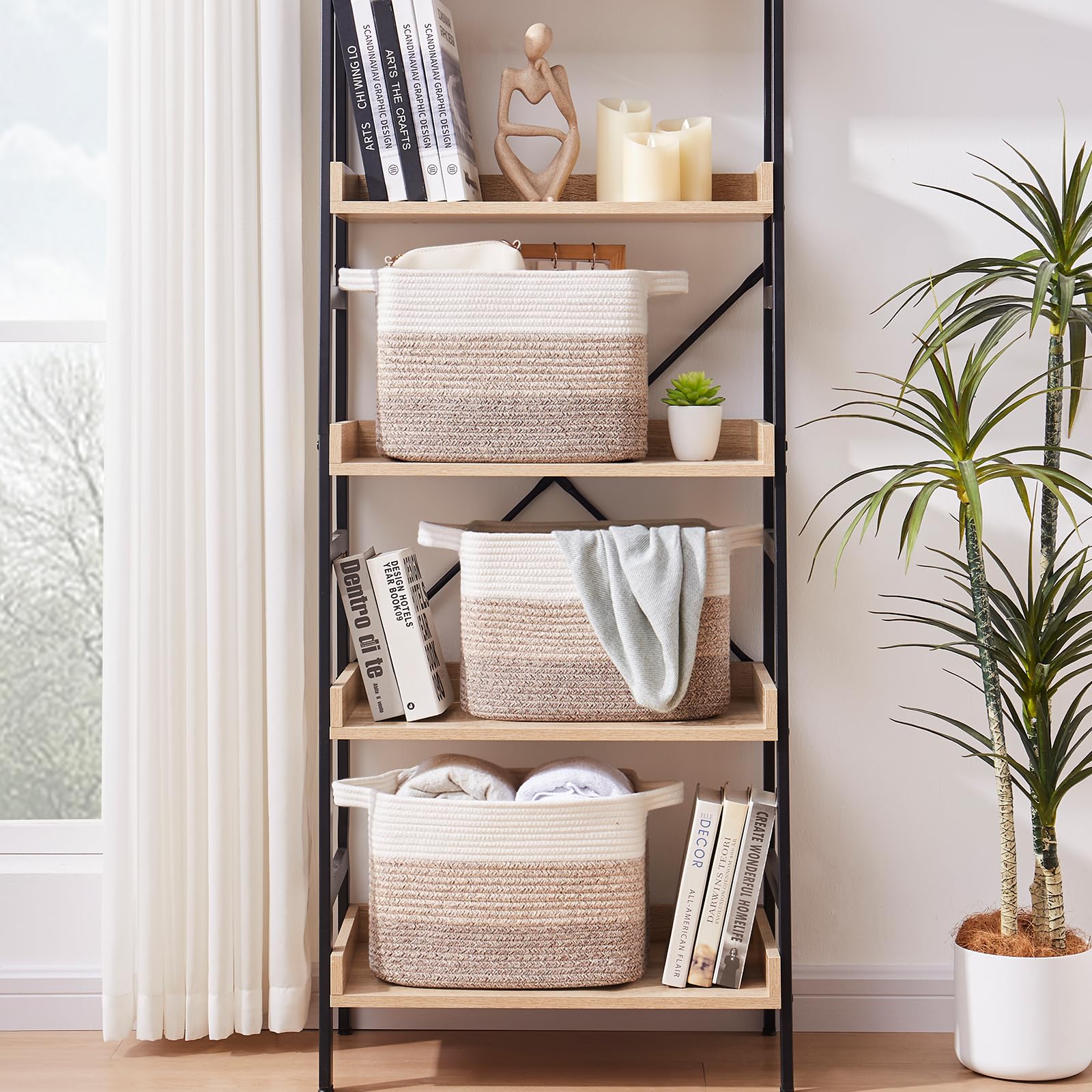OIASKET storage baskets stackable trio demonstrating space-saving design for toys, clothes, and towels