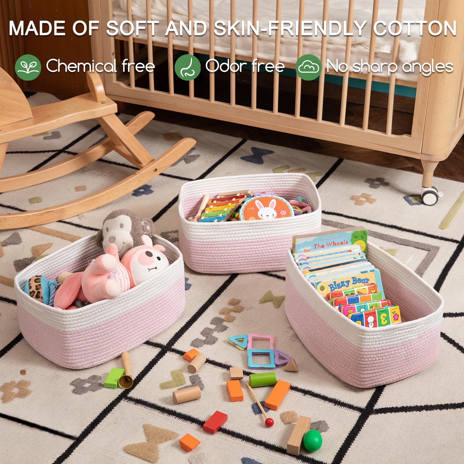 OIASKET toy storage basket in pink demonstrating easy access for kids